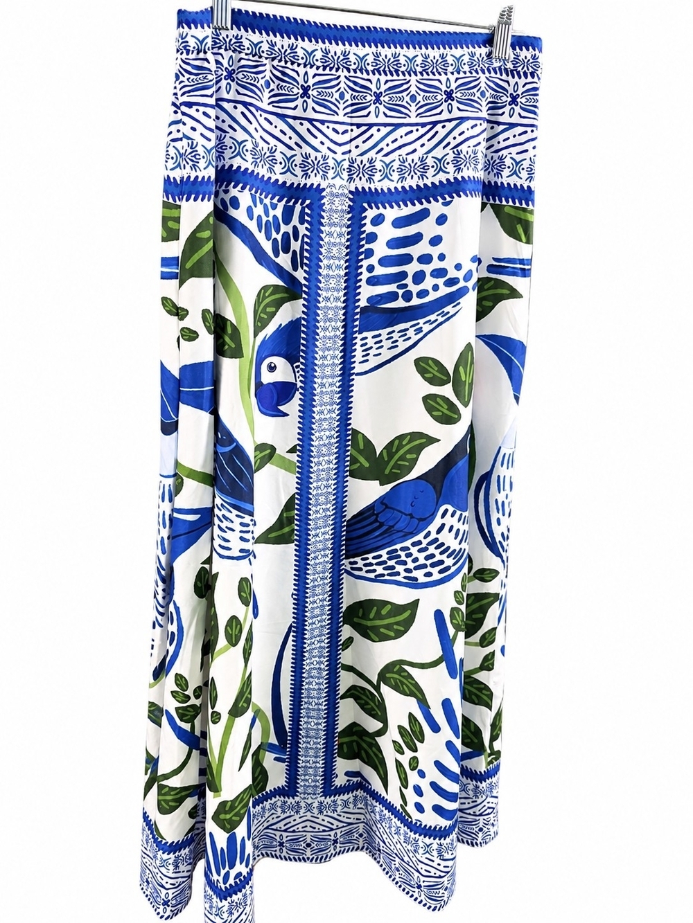 Vintage Blue White Green Parrot Print Maxi Skirt